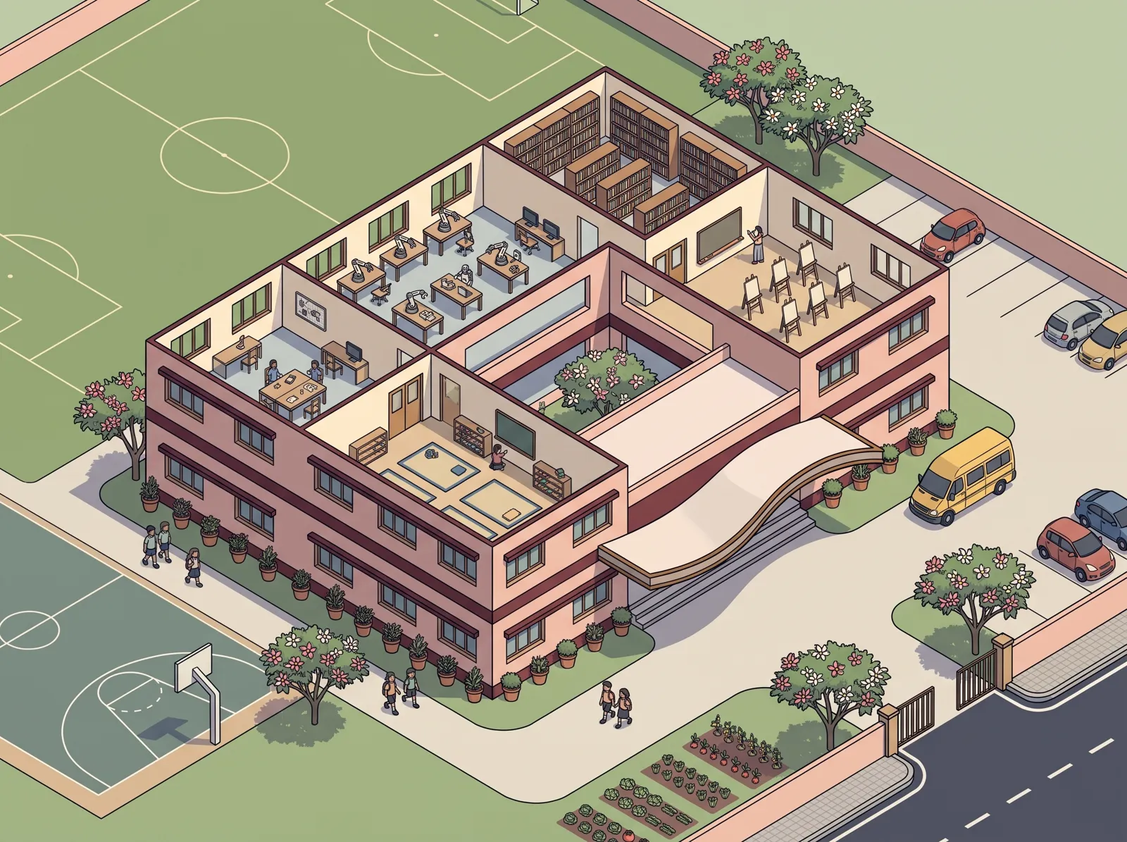Illustrated isometric map of the Poola School campus — cutaway classrooms, soccer field, basketball court, kitchen garden and the school bus arriving