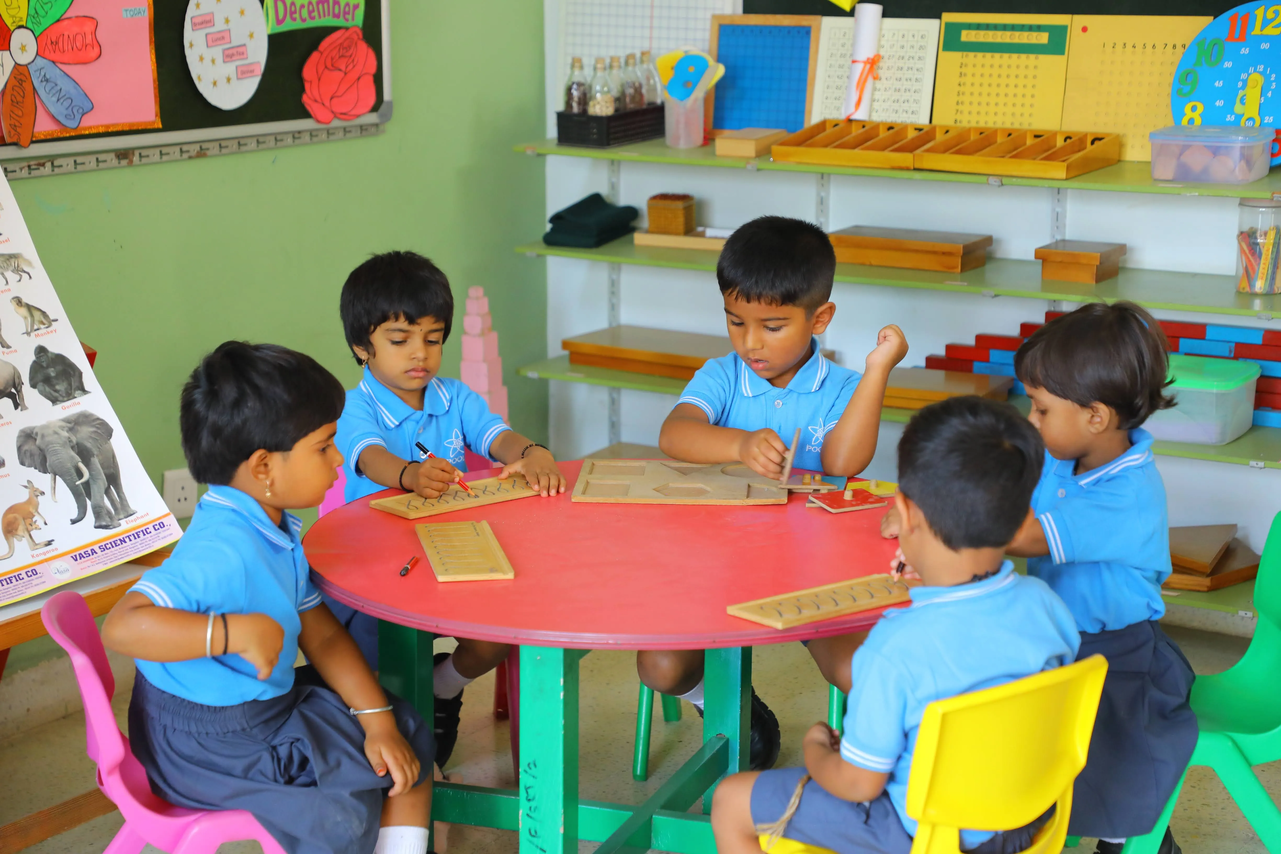 Montessori work at a round table